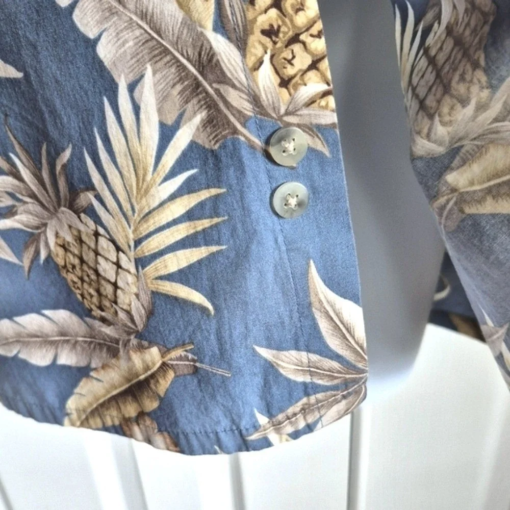 Vintage‎ Campia 100% Cotton Button Down Light Blue Tan Hawaiian Shirt Mens L